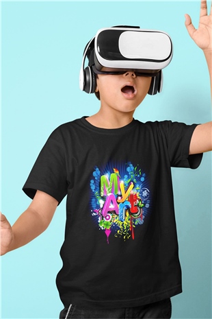 Grafiker Baskılı Siyah Unisex Çocuk Tişört