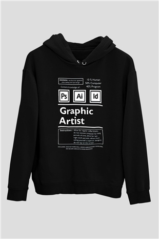 Grafiker Siyah Unisex Kapüşonlu Sweatshirt