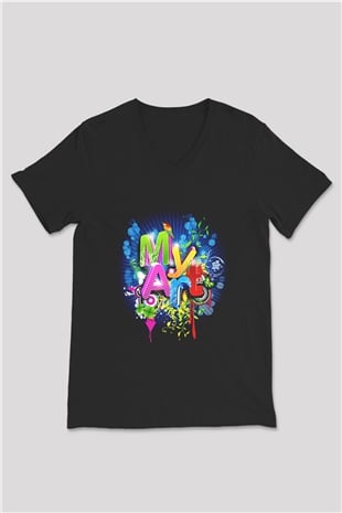 Grafiker Siyah Unisex V Yaka Tişört T-Shirt