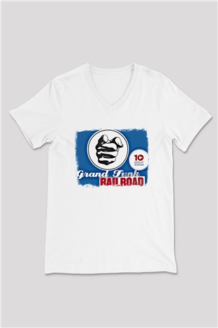 Grand Funk Railroad Baskılı Unisex Beyaz V Yaka Tişört