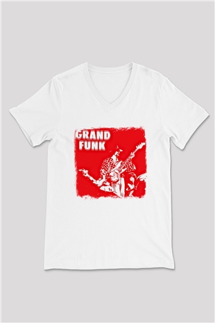 Grand Funk Railroad Baskılı Unisex Beyaz V Yaka Tişört