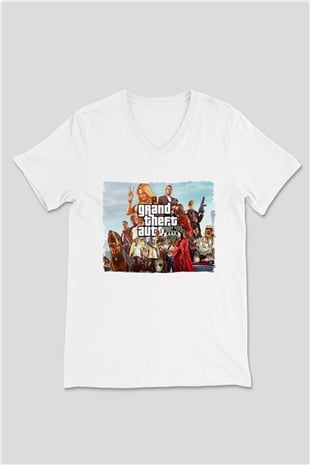 Grand Theft Auto Beyaz Unisex V Yaka Tişört