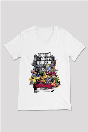 Grand Theft Auto Beyaz Unisex V Yaka Tişört