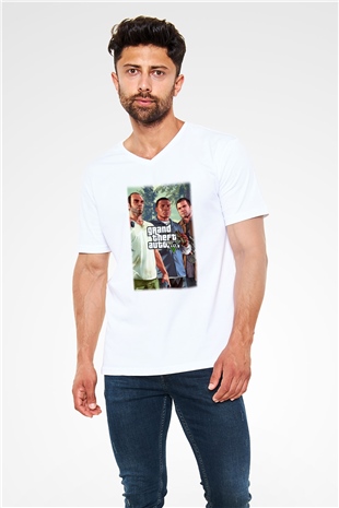 Grand Theft Auto Beyaz Unisex V Yaka Tişört T-Shirt