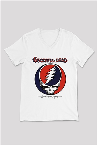Grateful Dead Beyaz Unisex V Yaka Tişört T-Shirt