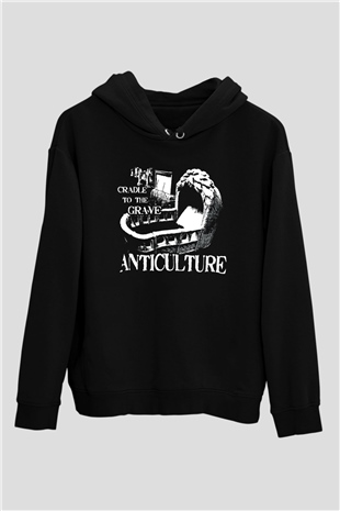 Grave Baskılı Unisex Siyah Kapüşonlu Sweatshirt