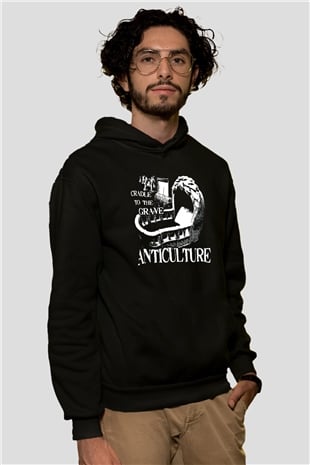 Grave Baskılı Unisex Siyah Kapüşonlu Sweatshirt