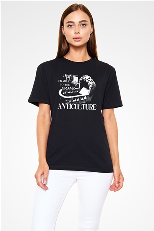 Grave Baskılı Unisex Siyah Tişört - Tshirt