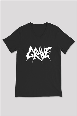 Grave Baskılı Unisex Siyah V Yaka Tişört - Tshirt