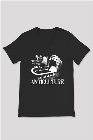 Grave Baskılı Unisex Siyah V Yaka Tişört - Tshirt