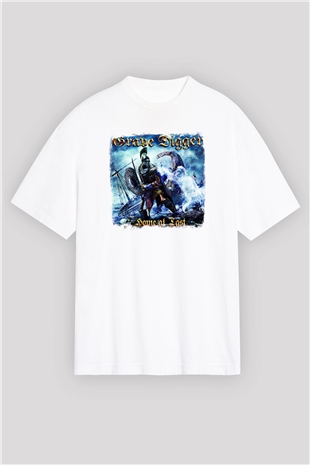 Grave Digger Baskılı Unisex Beyaz Oversize Tişört