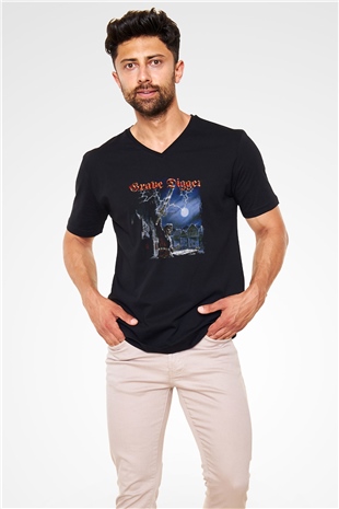 Grave Digger Baskılı Unisex Siyah V Yaka Tişört