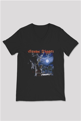 Grave Digger Baskılı Unisex Siyah V Yaka Tişört
