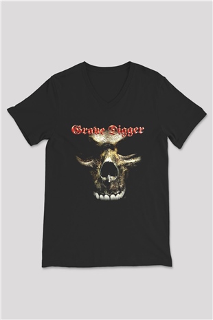 Grave Digger Siyah Unisex V Yaka Tişört