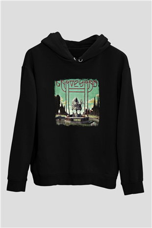Graveyard Baskılı Unisex Siyah Hoodie