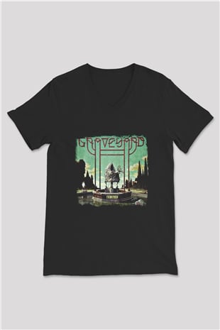 Graveyard Baskılı Unisex Siyah V Yaka Tişört
