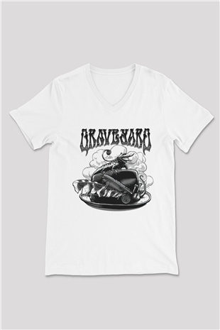 Graveyard Beyaz Unisex V Yaka Tişört