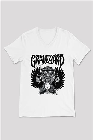 Graveyard Beyaz Unisex V Yaka Tişört T-Shirt