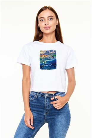Great White Baskılı Unisex Beyaz Crop Top Tişört