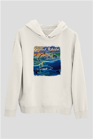 Great White Baskılı Unisex Beyaz Hoodie