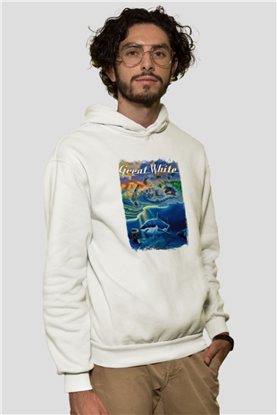 Great White Baskılı Unisex Beyaz Hoodie