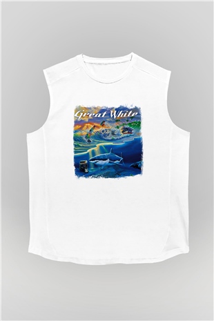 Great White Baskılı Unisex Beyaz Kolsuz Tişört