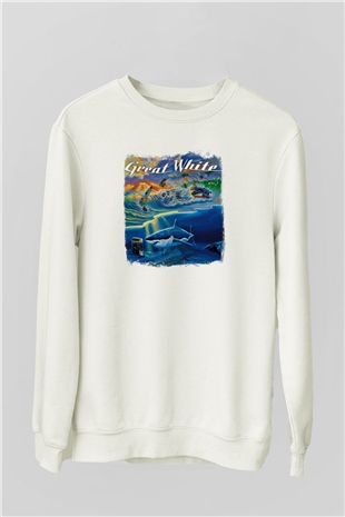 Great White Baskılı Unisex Beyaz Sweatshirt