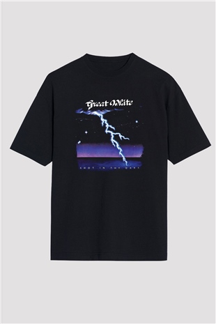 Great White Baskılı Unisex Siyah Oversize Tişört