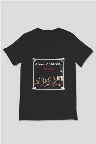 Great White Baskılı Unisex Siyah V Yaka Tişört