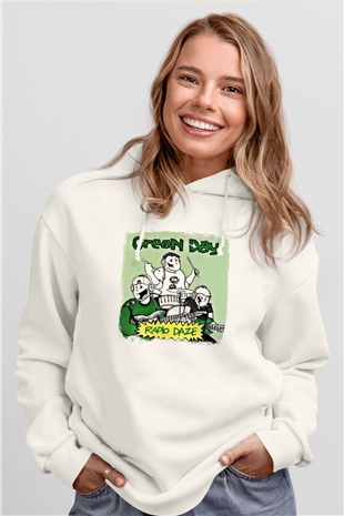 Green Day Baskılı Unisex Beyaz Hoodie