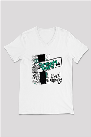Green Day Baskılı Unisex Beyaz V Yaka Tişört