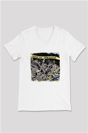 Green Day Baskılı Unisex Beyaz V Yaka Tişört