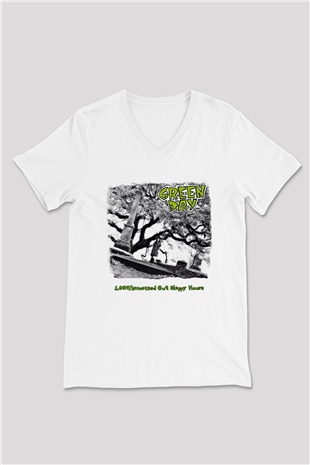 Green Day Baskılı Unisex Beyaz V Yaka Tişört