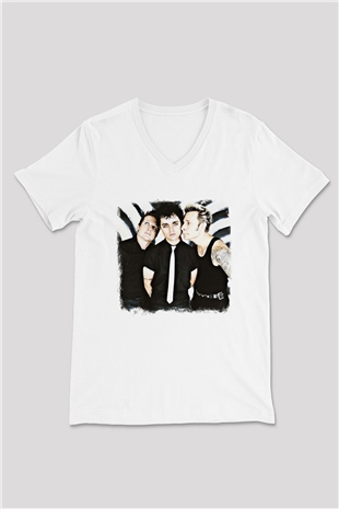 Green Day Baskılı Unisex Beyaz V Yaka Tişört