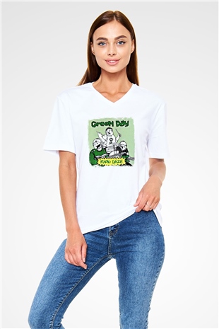 Green Day Baskılı Unisex Beyaz V Yaka Tişört