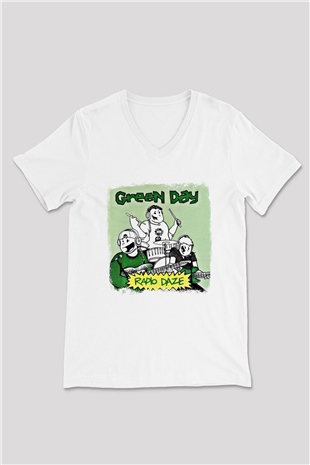 Green Day Baskılı Unisex Beyaz V Yaka Tişört