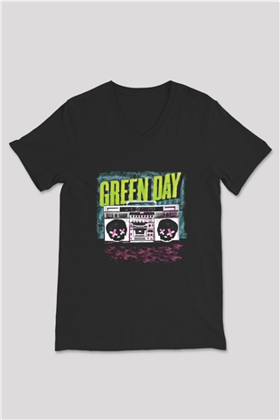 Green Day Baskılı Unisex Siyah V Yaka Tişört