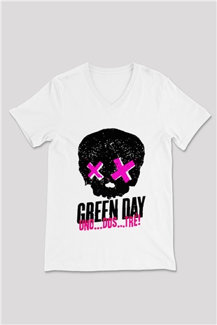 Green Day Beyaz Unisex V Yaka Tişört T-Shirt