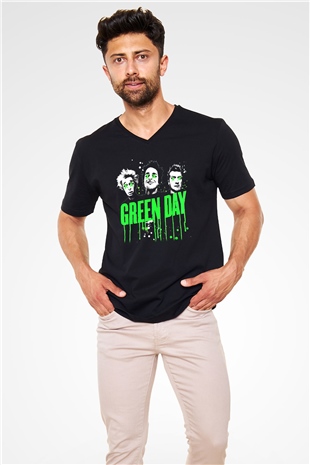Green Day Siyah Unisex V Yaka Tişört T-Shirt