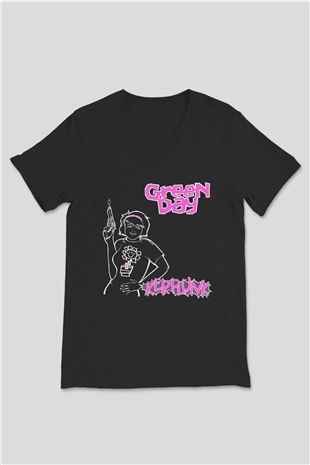 Green Day Siyah Unisex V Yaka Tişört T-Shirt