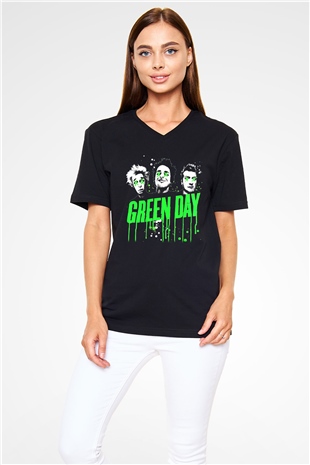 Green Day Siyah Unisex V Yaka Tişört T-Shirt
