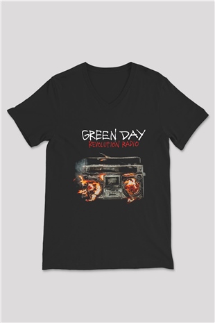 Green Day Siyah Unisex V Yaka Tişört T-Shirt