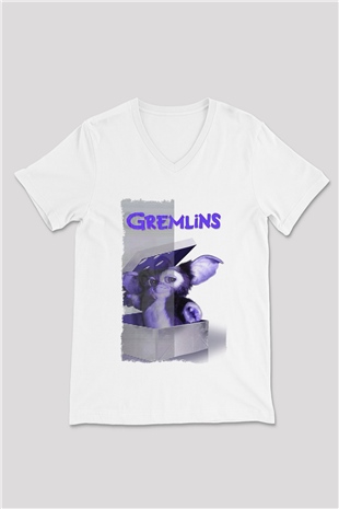 Gremlins Beyaz Unisex V Yaka Tişört