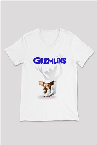 Gremlins Beyaz Unisex V Yaka Tişört
