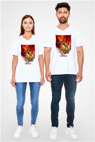 Gremlins Beyaz Unisex V Yaka Tişört