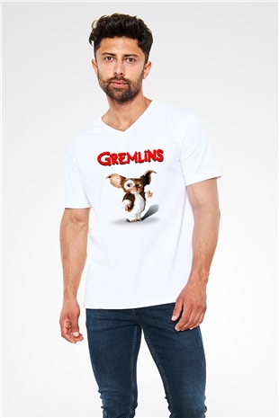 Gremlins Beyaz Unisex V Yaka Tişört T-Shirt