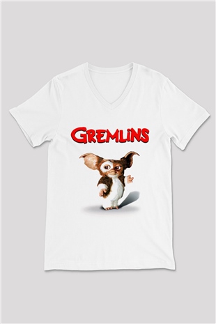 Gremlins Beyaz Unisex V Yaka Tişört T-Shirt
