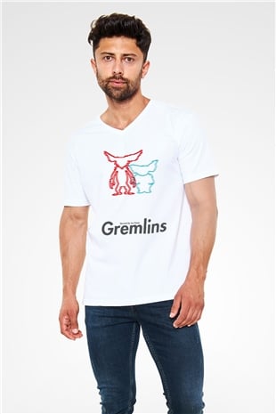 Gremlins Beyaz Unisex V Yaka Tişört T-Shirt