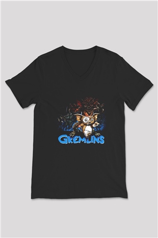 Gremlins Siyah Unisex V Yaka Tişört T-Shirt