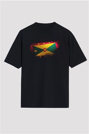 Grenada Bayrağı Baskılı Unisex Siyah Oversize Tişört
